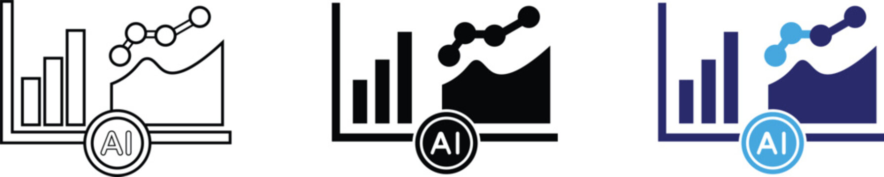 AI data analytics and predictive analysis icon set. Artificial intelligence financial statistics, bar chart, growth graph, and machine learning dashboard vector symbols.