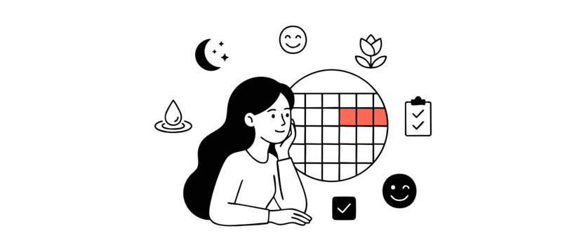 Menstrual cycle tracker calendar woman planning reproductive health and endocrine system hormone wellness, pms ovulation schedule, fertility tracker line art icon set vector illustration graphic desig
