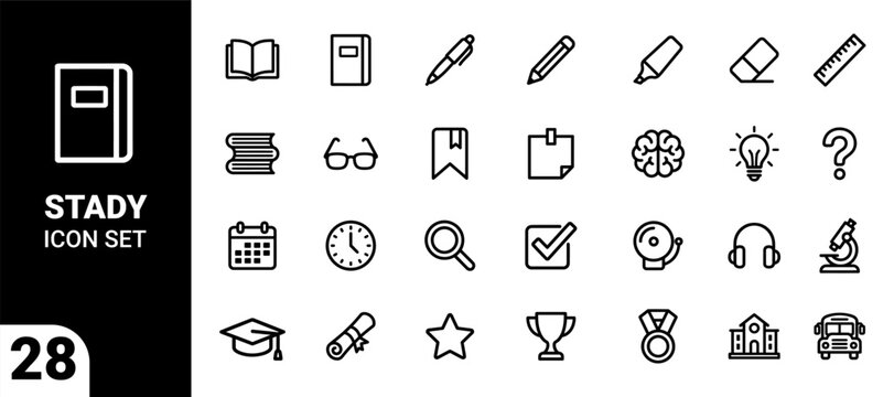 Stady icon set with various educational symbols and objects for learning