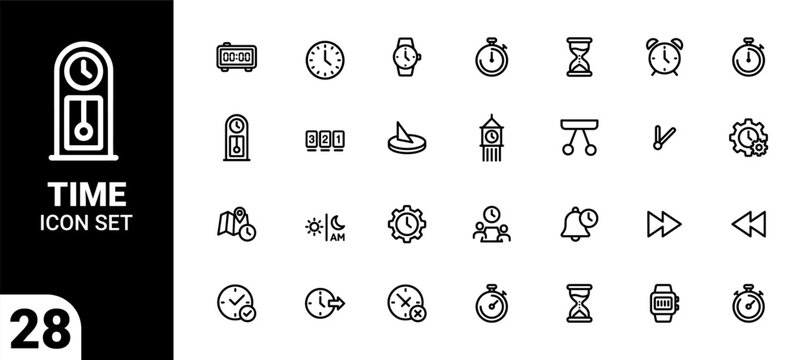 Time icon set with various clocks and watch symbols for time management