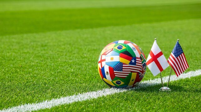 A soccer ball with flags of various countries on a green field with two small flags of england and the usa