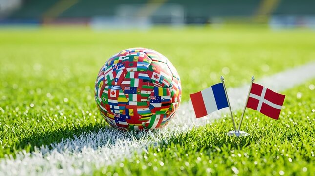A soccer ball covered in various international flags on a green field with small flags of france and denmark