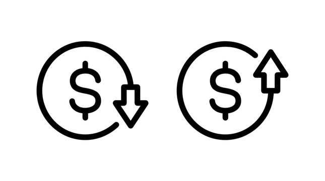 Icon showing a dollar sign with arrows indicating a decrease and an increase in value.