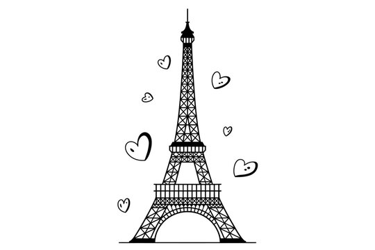 Eiffel Tower illustration with hearts floating around it in Paris France