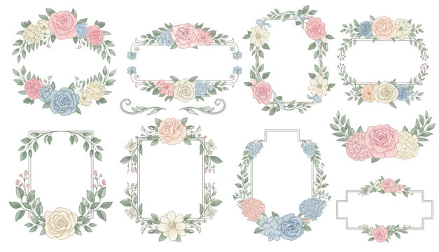 Floral Wreath Vector Illustration with Pastel Roses and Leaves in Circular Frame Design