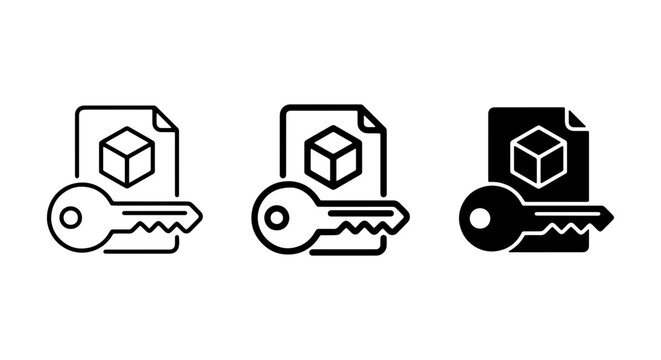 3D Model Access Icons, Digital Asset Key Symbols, Vector Security Concepts for Software and Technology