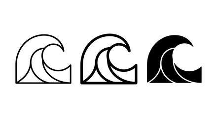 Ocean Wave Icons Set: Stylized Sea Surfs in Outline, Line Art, and Solid Black Vector Graphics for Coastal Themes © Shawon
