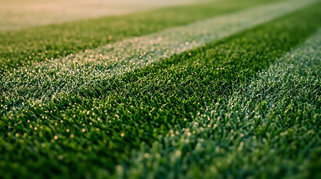 Close-up of dewy football pitch grass with alternating mowed stripe patterns glowing in warm sunlight.