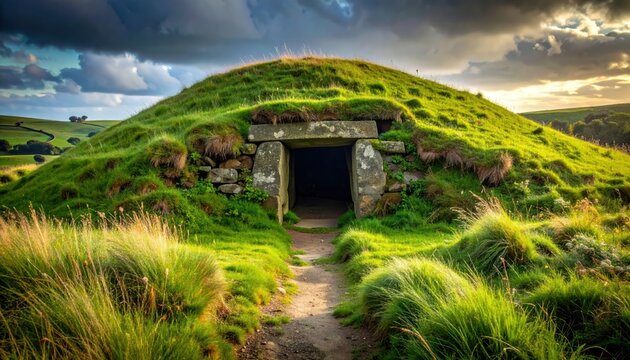 Ancient passage tomb entrance, lush green burial mound, historical landmark, dramatic sky
