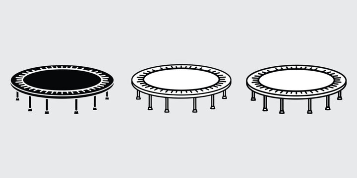 Round trampoline silhouettes in black white and outline on a plain background