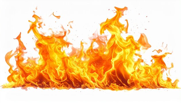 A vibrant and intense display of realistic fire flames isolated on a pure white background perfect for design projects and creative assets.