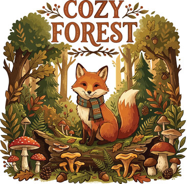 Cozy forest scene with smiling fox wearing scarf Generative AI