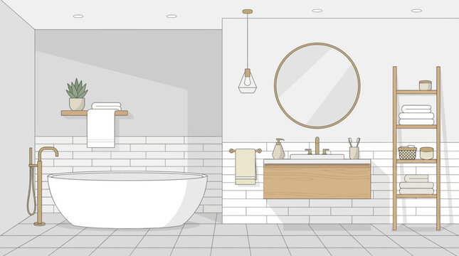 Modern Bathroom Interior Design with Bathtub, Vanity, and Round Mirror