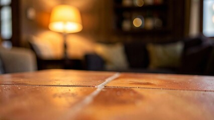 Obraz premium Amber segmented wood surface reflecting warm glowing interior light