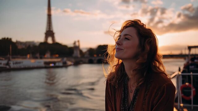 Beautiful girl on a ship enjoying sunset by the Eiffel Tower in Paris while facing the water with a warm glow in the sky
