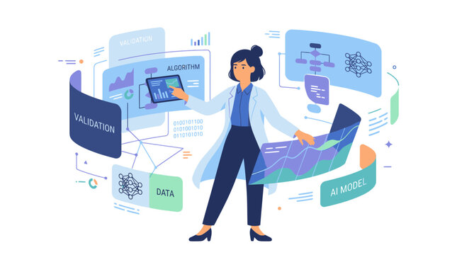 Female Scientist Analyzing Complex Data with Advanced Virtual Technology and Digital Interfaces.