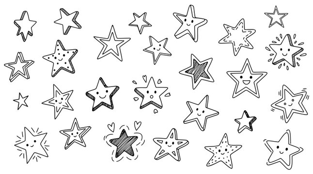 Collection of Hand Drawn Geometric Star Shapes Isolated on Transparent Background