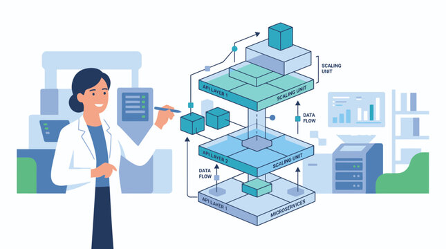 Female Scientist Explaining Complex Data Architecture System Illustration.