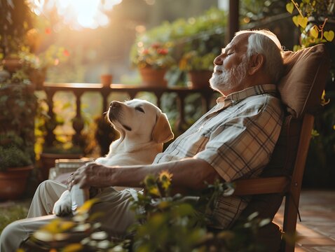 &Auml;lterer Mann entspannt mit Labrador auf der Veranda im Abendlicht