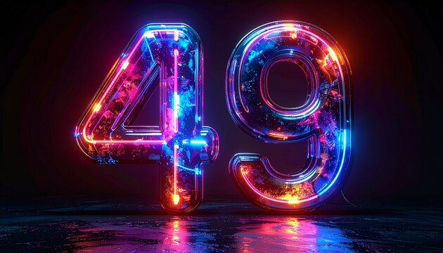 neon number 49 colorful glowing light.