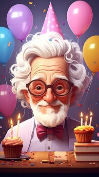 A cartoon elderly man celebrates a birthday