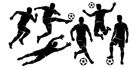 Soccer players silhouette vector set of football players in action poses with goalkeeper © MostAmina
