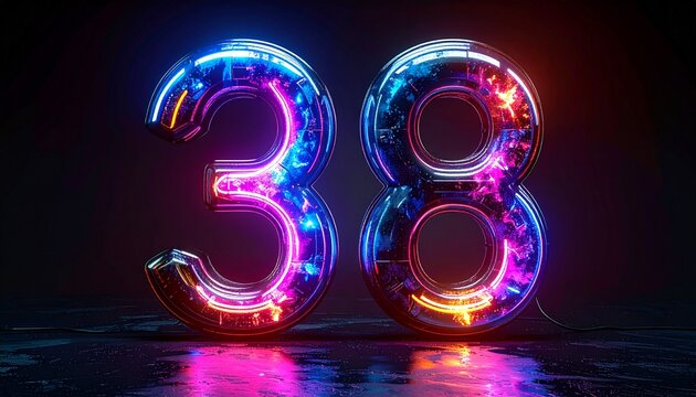 Glowing pink blue and purple neon numbers thirty-eight on a dark background