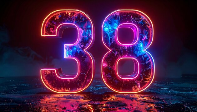 Glowing neon number thirty-eight on wet ground at night