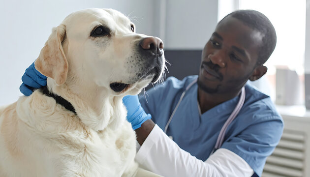 Veterinarian examining a calm labrador retriever dog, checking its ear in a clinic examination room with natural light.
