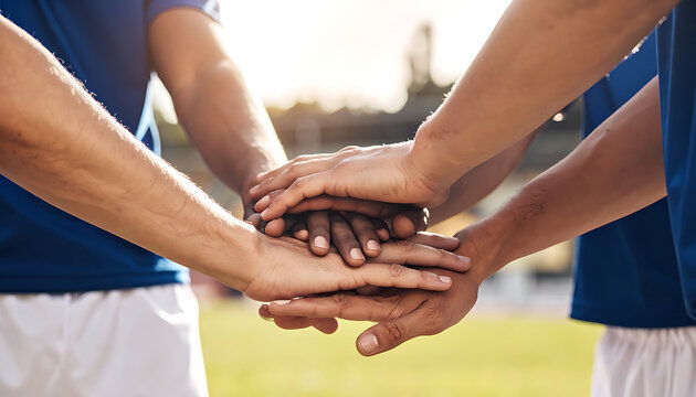 Teamwork and unity, diverse hands stacked together in a gesture of support and solidarity before a competition, success mindset