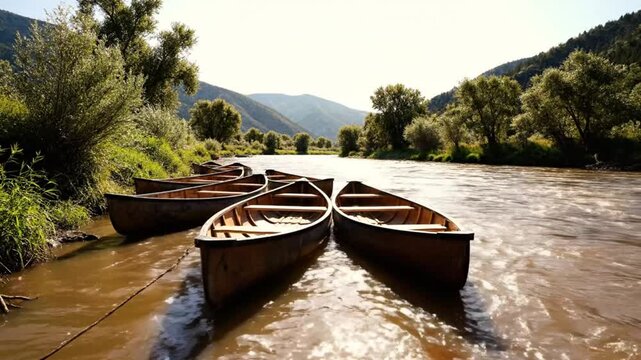 Wooden canoes sit quietly on a clear river reflecting sunlight as the waters flow peacefully between mountains and trees