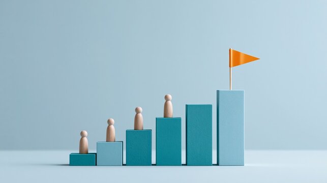 People figure ascend bar graph with flag, concept of success and goal