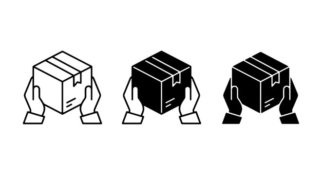 Hands Holding Cardboard Box Icons, Delivery Package Set, Shipping Logistics Service Vector Graphics