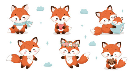 Obraz premium Cute Little Fox Set with Hearts and Flowers, Adorable Animal Collection
