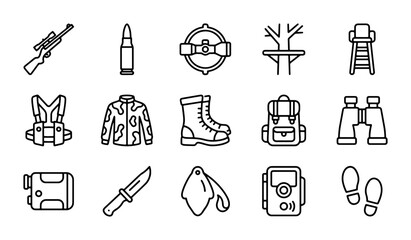 Hunting Icons Set, Outdoor Adventure Gear Vector Graphics, Camouflage Clothing & Equipment Line Art © Shahida