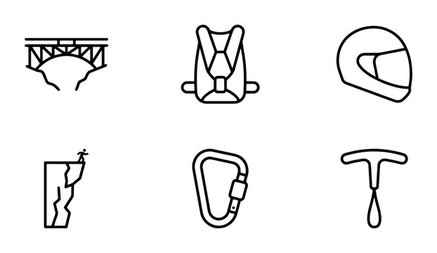 Adventure Sports Icons: Bridge, Harness, Helmet, Cliff, Carabiner, Zip Line Vector Set