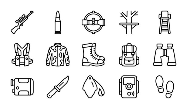 Hunting Icons Set, Outdoor Adventure Gear Vector Graphics, Camouflage Clothing & Equipment Line Art