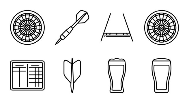 Darts and Beer Icons, Scoreboard Vector Set, Pub Game Elements, Bar Recreation Graphics
