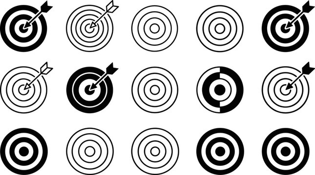 Target icon illustration collection featuring precision symbols, arrow graphics, achievement emblems, focus concepts, circular design motifs, and accuracy elements