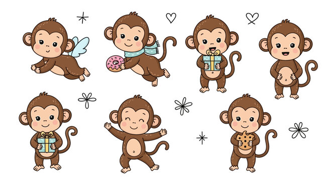 Cute cartoon monkey set with gifts and food, playful animal collection