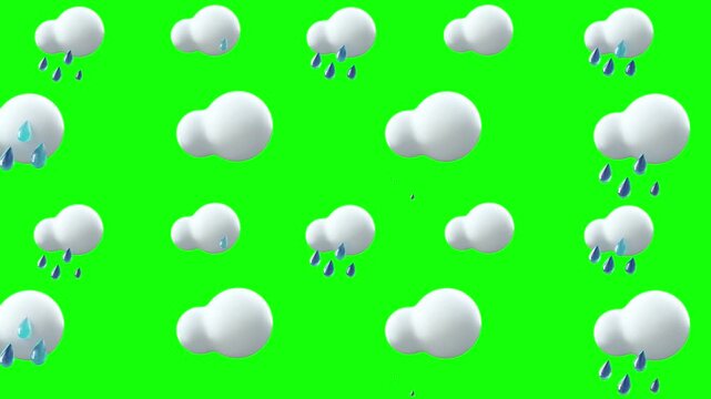 Clouds rains 3d animation icons on chroma key