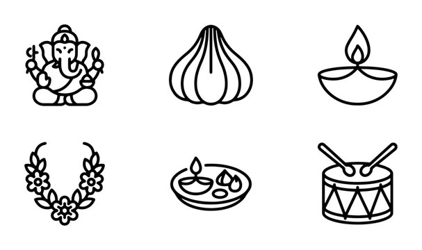 Ganesha, Modak, Diya Icons Set: Hindu Festival Celebration Vector Graphics