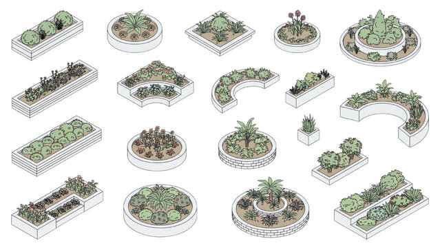 A curated collection of isometric illustrations showcases diverse planter designs filled with various succulent plants and foliage. CAD Blocks Icon Sheet Vector