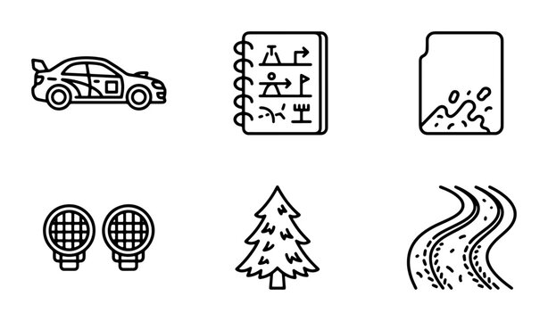 Rally Car Icons, Road Map, Terrain, and Off-Road Elements Vector Set