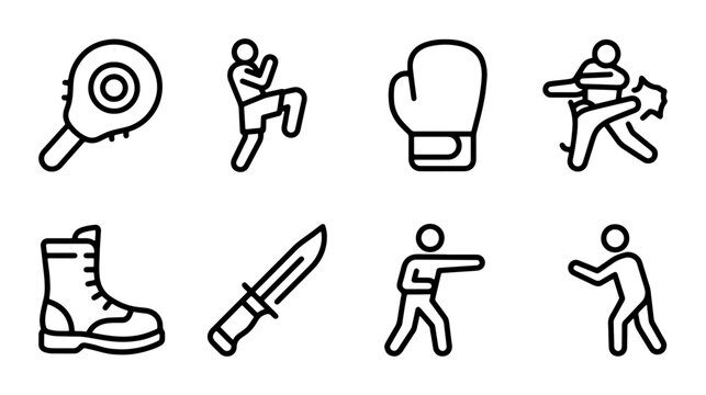 Martial Arts Icons, Combat Sports Vector Set, Fighting Training Equipment and Figures