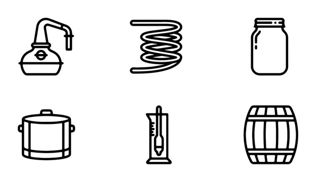 Distillery Equipment Icons: Still, Coil, Jar, Pot, Hydrometer, Barrel Vector Set