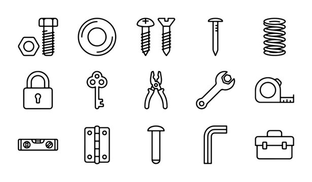 Hardware Icons Set: Tools, Fasteners, and Fixtures, Vector Graphics for DIY and Construction Projects