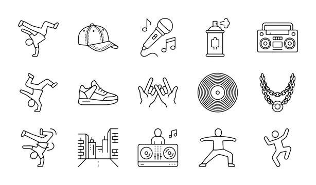 Hip Hop Icons Set: Breakdancing, Graffiti, DJ, MC, Streetwear, Music Vector Graphics