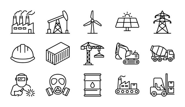Industrial Icons Set: Energy, Construction, Manufacturing, Logistics, Safety Vector Graphics