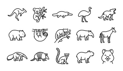 Obraz premium Australian Wildlife Icons Set: Kangaroo, Koala, Platypus, Emu, Wombat, Quokka Vector Graphics